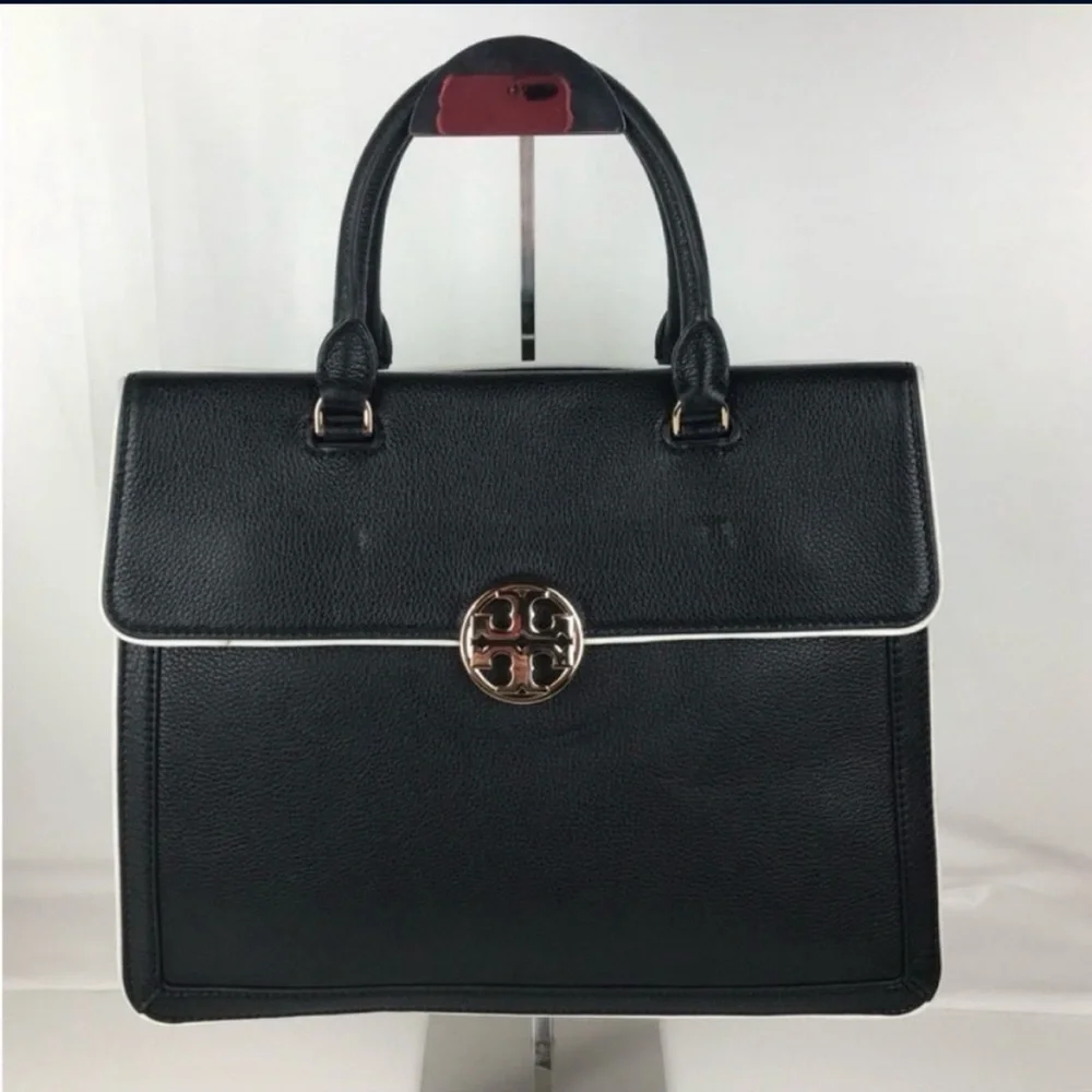 Tory Burch Black Leather Satchel with Gold Emblem
